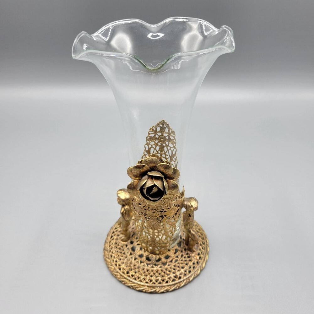 Antique Vintage Gold Brass Filigree Fluted Bud Vases Cherub Figural Design - Picture 12 of 16